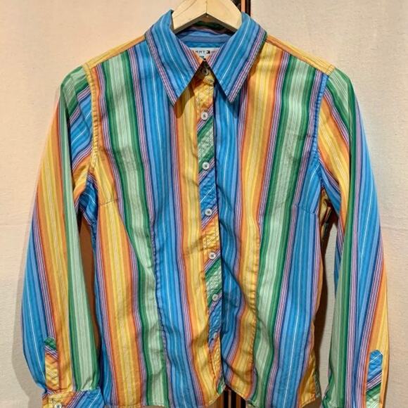 Tommy Hilfiger Shirt Size S or M Rainbow Stripe Cotton Button Collar Y2k 2004 - Picture 2 of 11